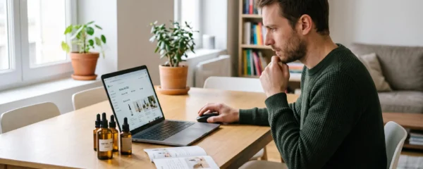 Personne consultant une boutique de CBD en ligne sur un ordinateur avec des flacons d'huile de CBD posés sur la table