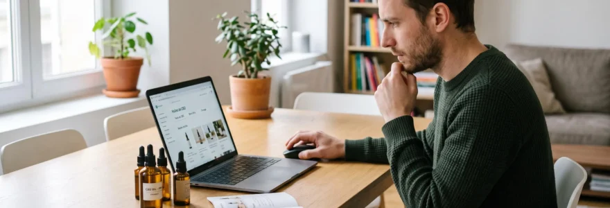 Personne consultant une boutique de CBD en ligne sur un ordinateur avec des flacons d'huile de CBD posés sur la table