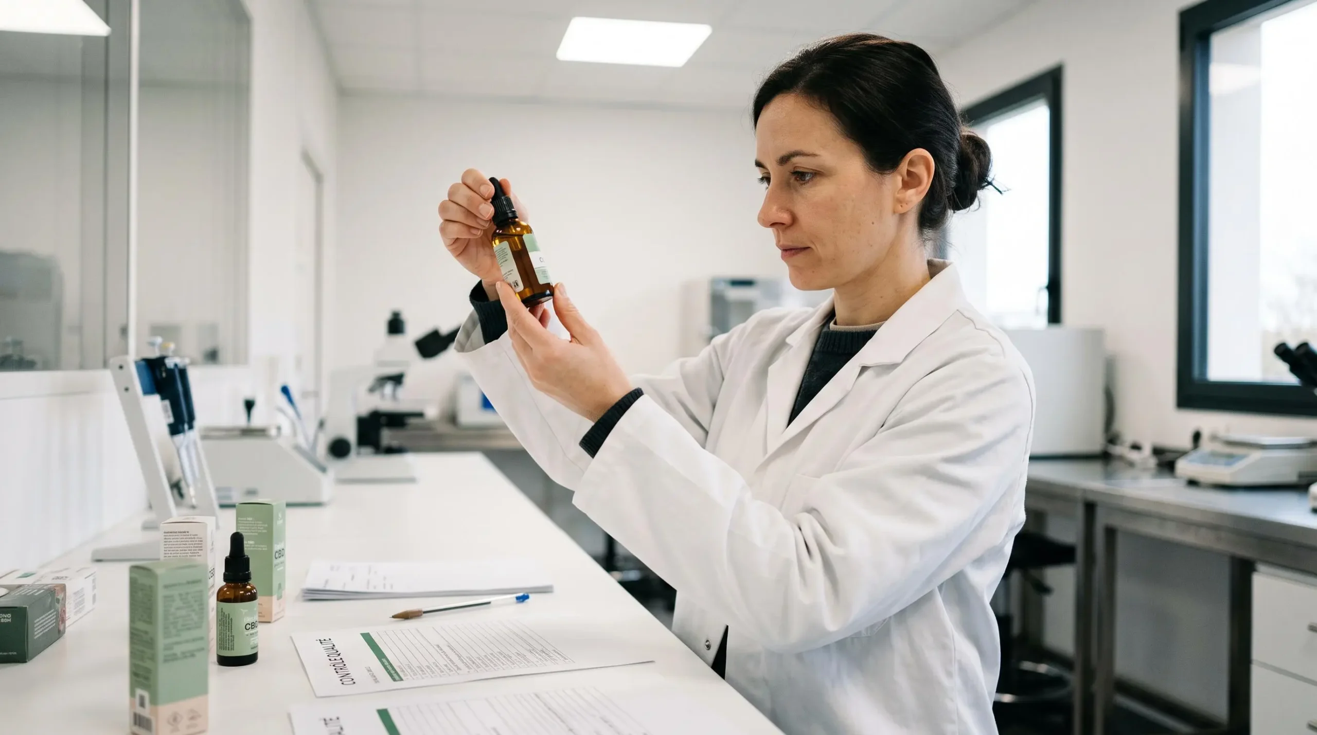 Professionnel en blouse blanche contrôlant la qualité d'un flacon d'huile de CBD dans un environnement de laboratoire