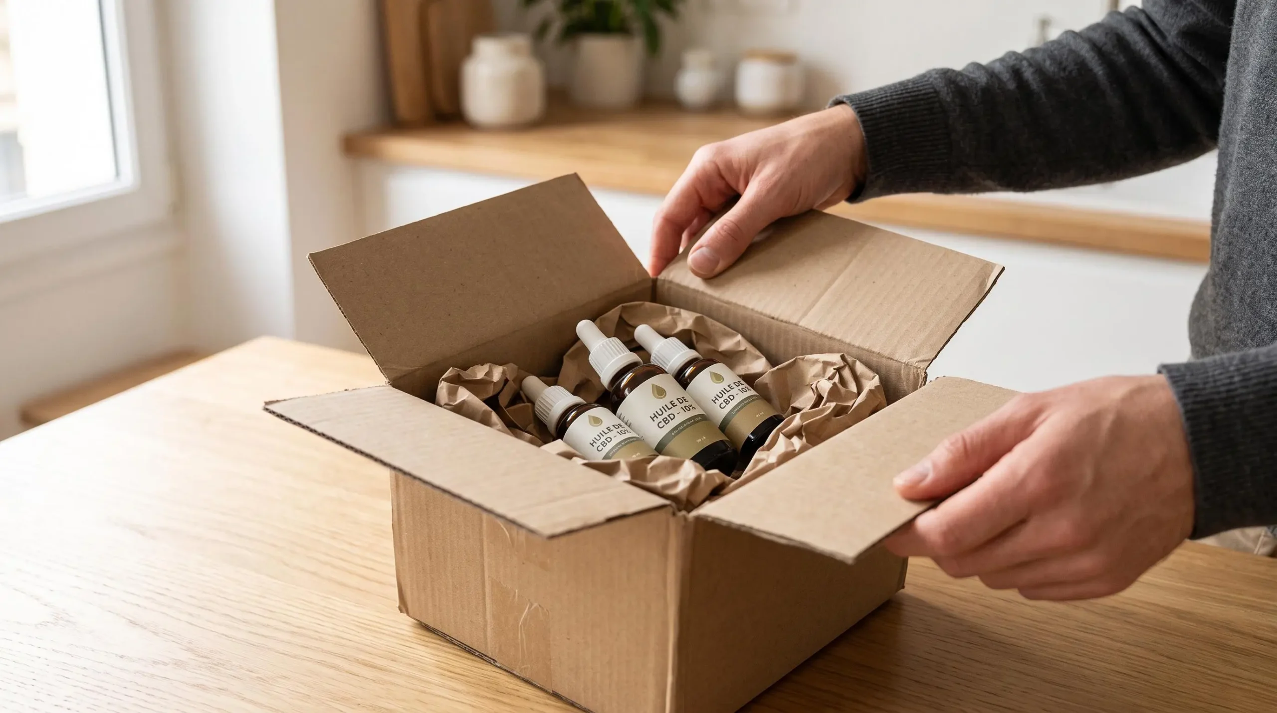 Mains ouvrant un colis de livraison contenant des flacons de CBD sur une table en bois
